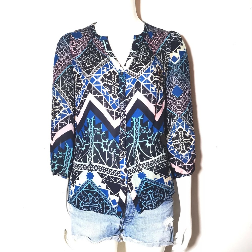 Anthropologie Leifsdottir Blue Geometric Print Silk Blouse Size 4 Beads Top